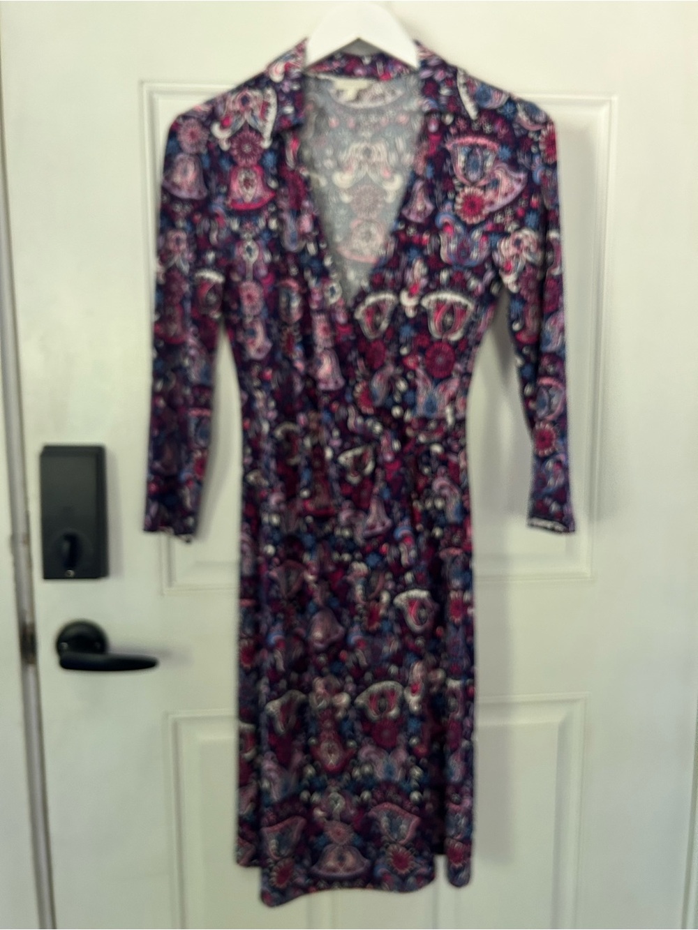 Talbots Paisley Faux-Wrap Mini Dress in Navy and Burgundy Accents